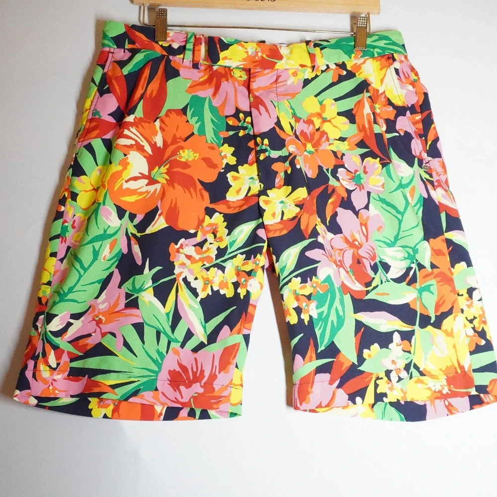VTG Ralph Lauren RLX Mens Tropical Floral Hibiscus Golf Shorts Multicolor 34
